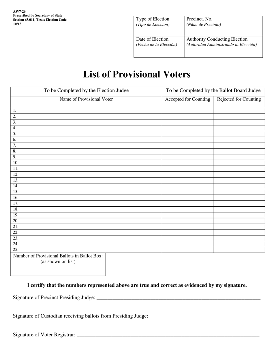 Form AW7-26 List of Provisional Voters - Texas, Page 1
