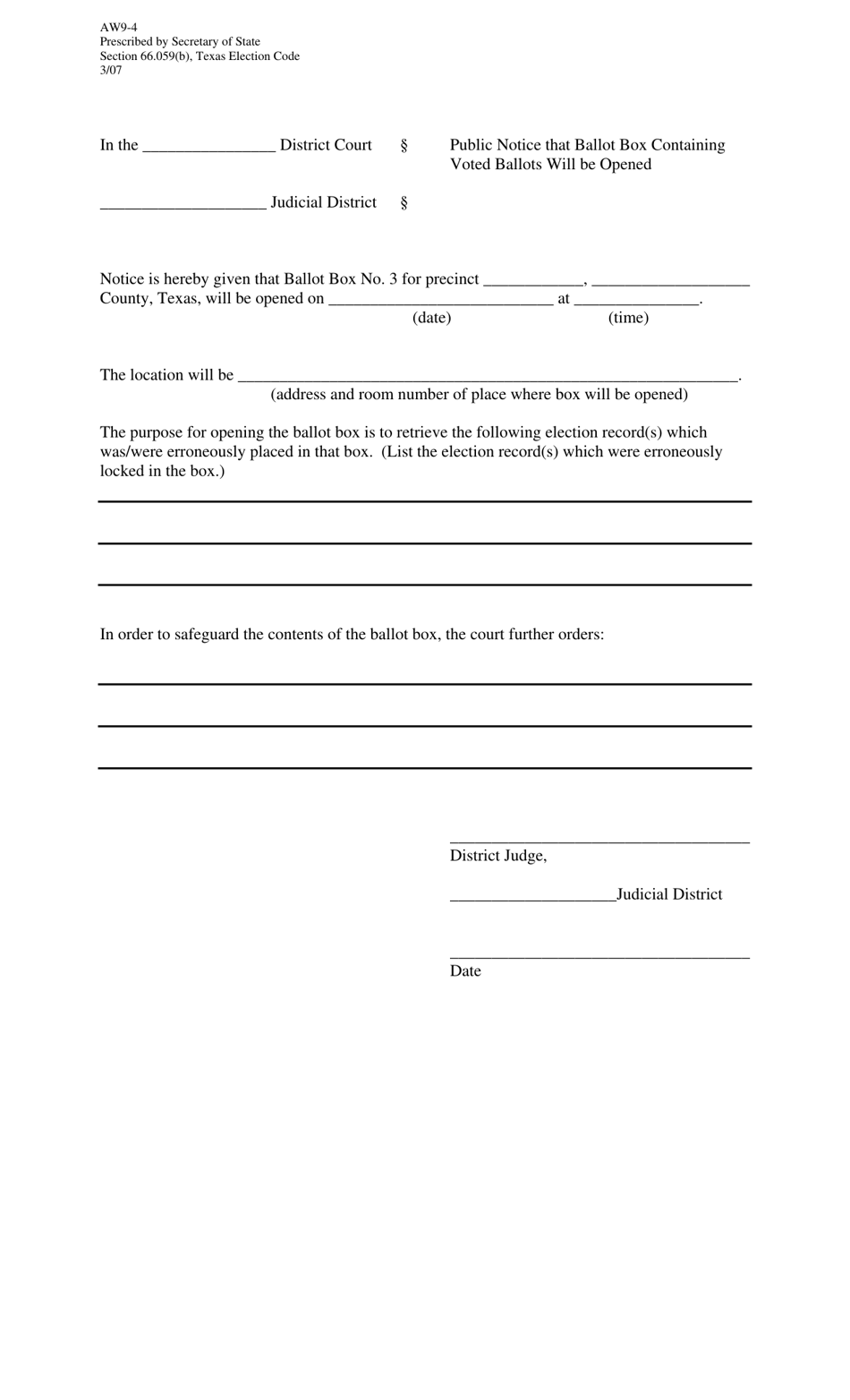 Form AW9-4 Public Notice of Ballot Box Opening - Texas, Page 1