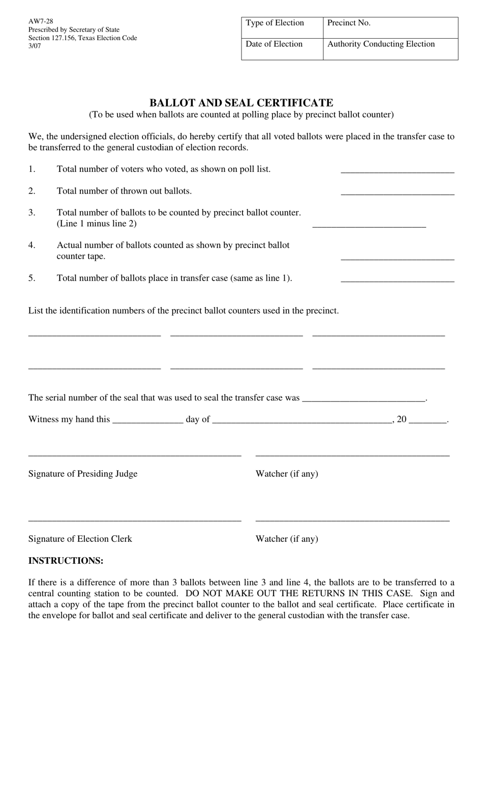 Form AW7-28 Ballot and Seal Certificate - Texas, Page 1