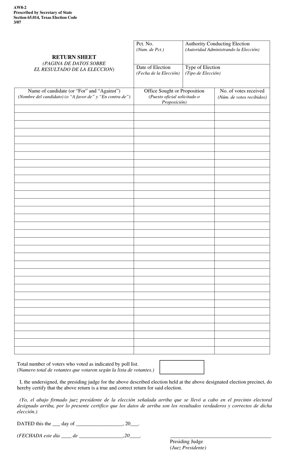 Form AW8-2 Return Sheet - Texas (English / Spanish), Page 1