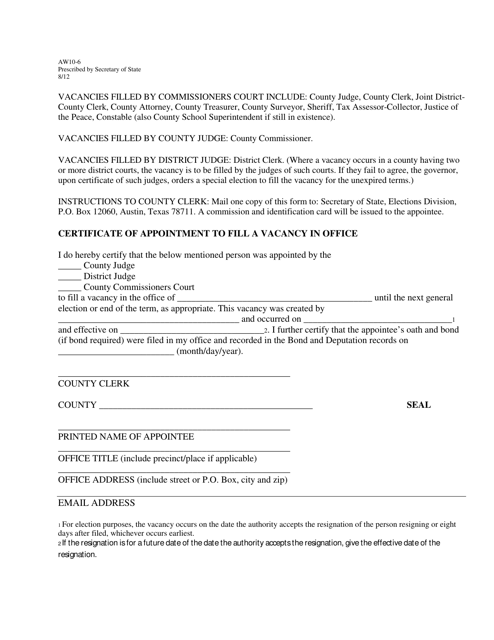 Form AW10-6 Certificate of Appointment to Fill a Vacancy in Office - Texas