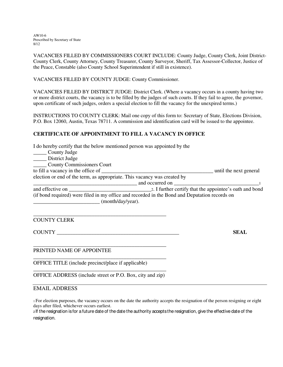 Form AW10-6 Certificate of Appointment to Fill a Vacancy in Office - Texas, Page 1