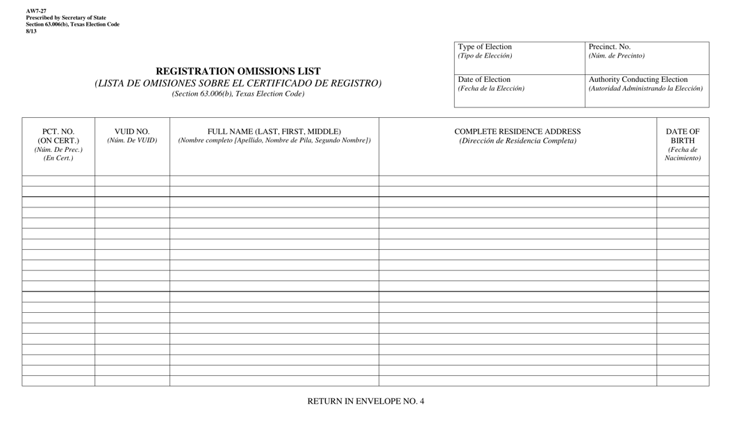 Form AW7-27 Registration Omissions List - Texas (English/Spanish)