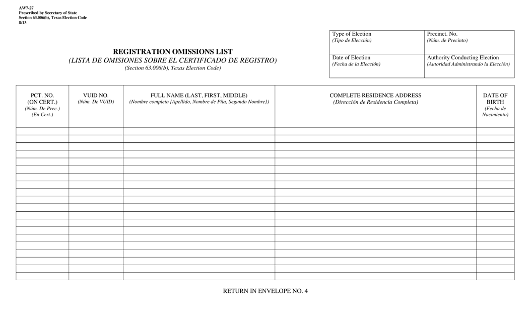 Form AW7-27  Printable Pdf