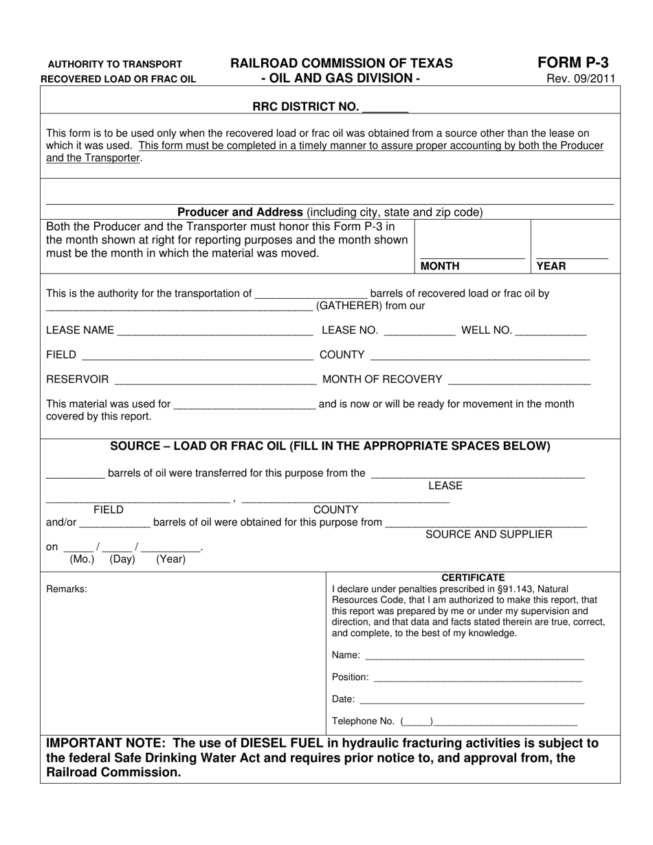 Form P-3 Authority to Transport Recovered Load or Frac Oil - Texas, Page 1