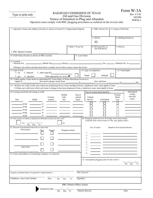 Form W-3A Notice of Intention to Plug and Abandon - Texas