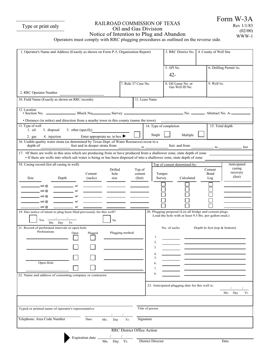 Form W-3A Notice of Intention to Plug and Abandon - Texas, Page 1