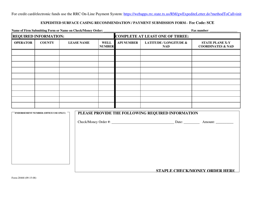 Form 20468 Expedited Surface Casing Recommendation/Payment Submission Form - Texas