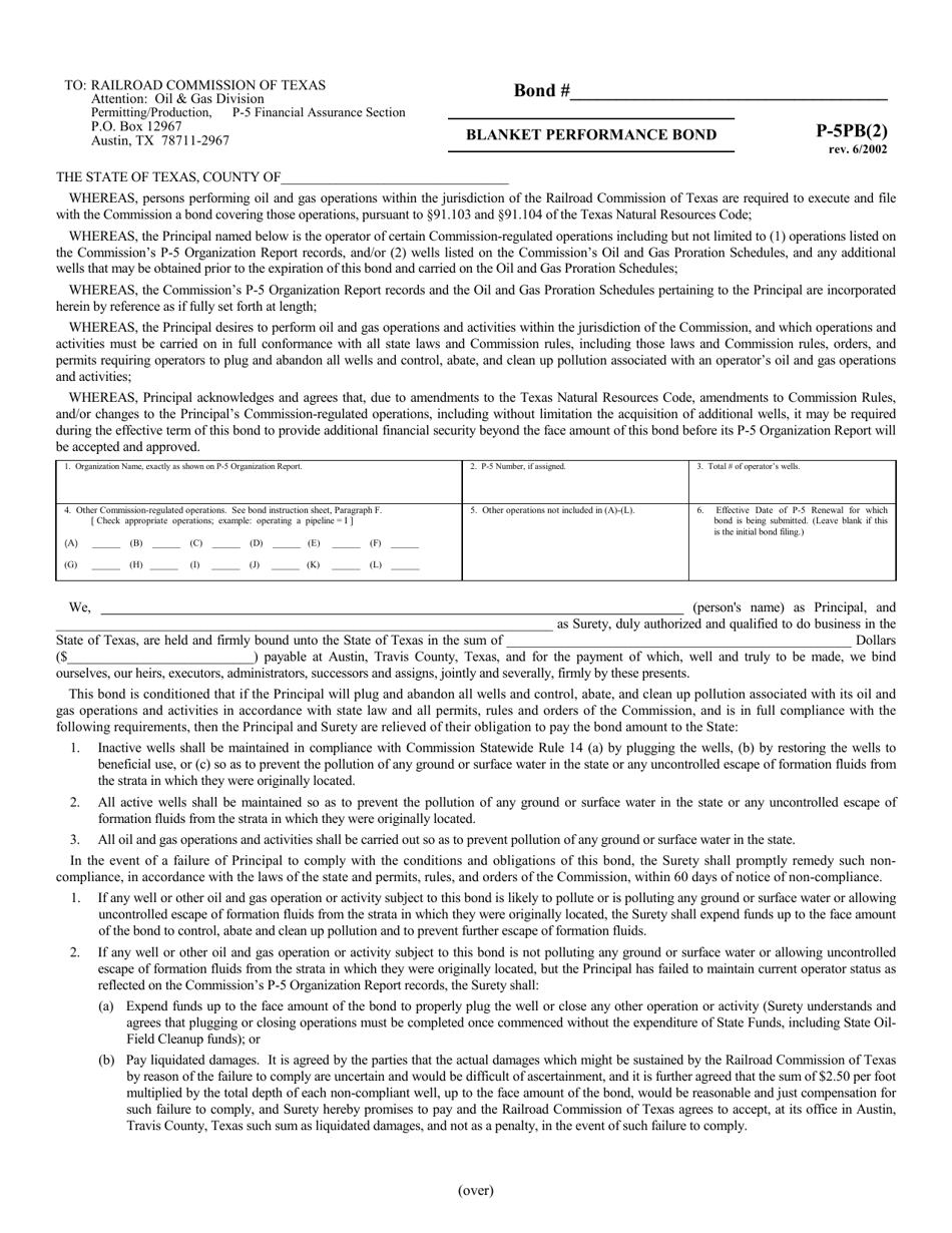 Form P-5PB(2) Blanket Performance Bond - Texas, Page 1