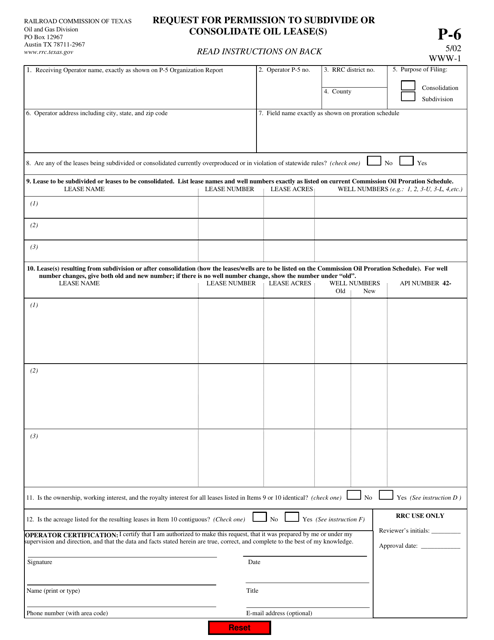 Form P-6 Request for Permission to Subdivide or Consolidate Oil Lease(S) - Texas