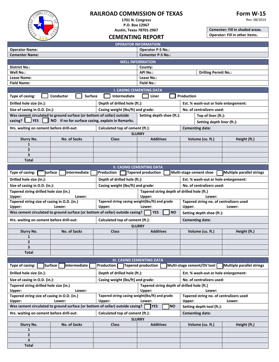 Form W-15 Cementing Report - Texas, Page 1
