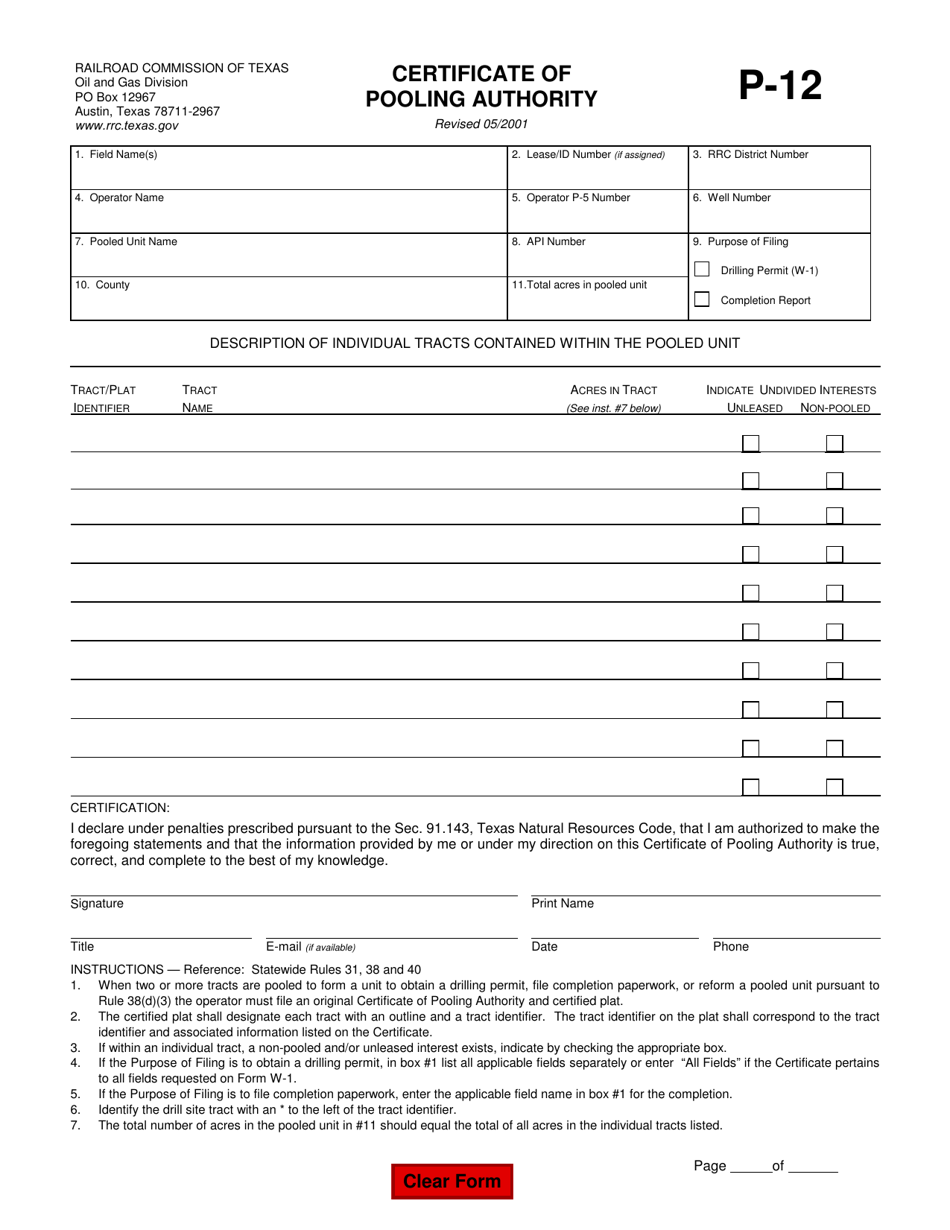 Form P-12 Certificate of Pooling Authority - Texas, Page 1