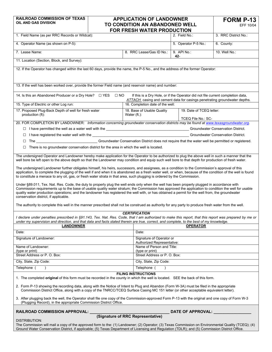 Form P-13 Application of Landowner to Condition an Abandoned Well for Fresh Water Production - Texas, Page 1