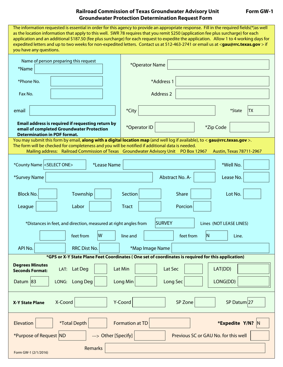 Form GW-1 Groundwater Protection Determination Request Form - Texas, Page 1