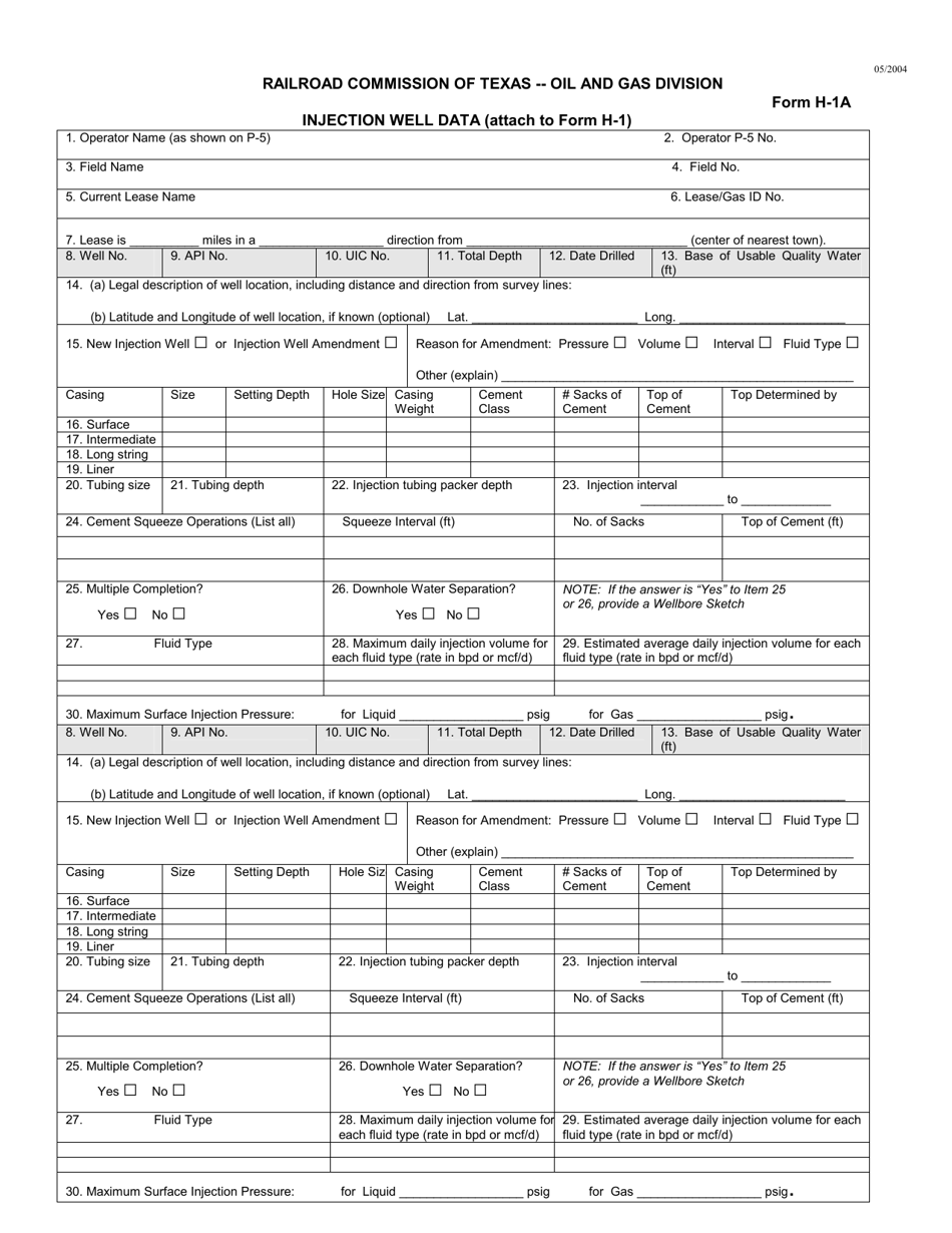 Form H-1A Injection Well Data - Texas, Page 1