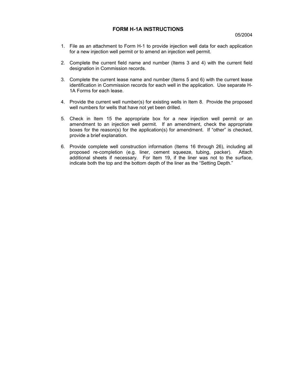 Instructions for Form H-1A Injection Well Data - Texas, Page 1