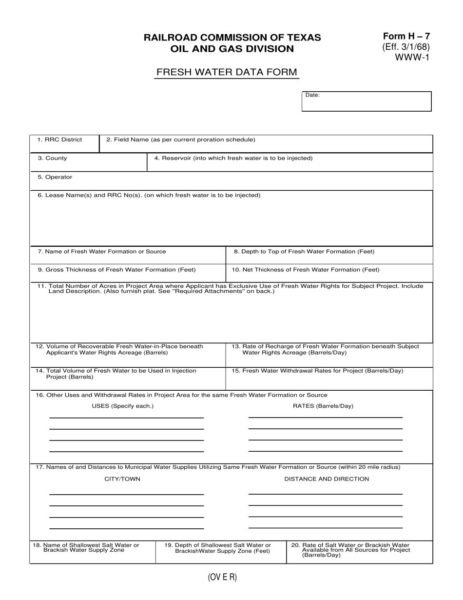 Form H-7 Fresh Water Data Form - Texas, Page 1