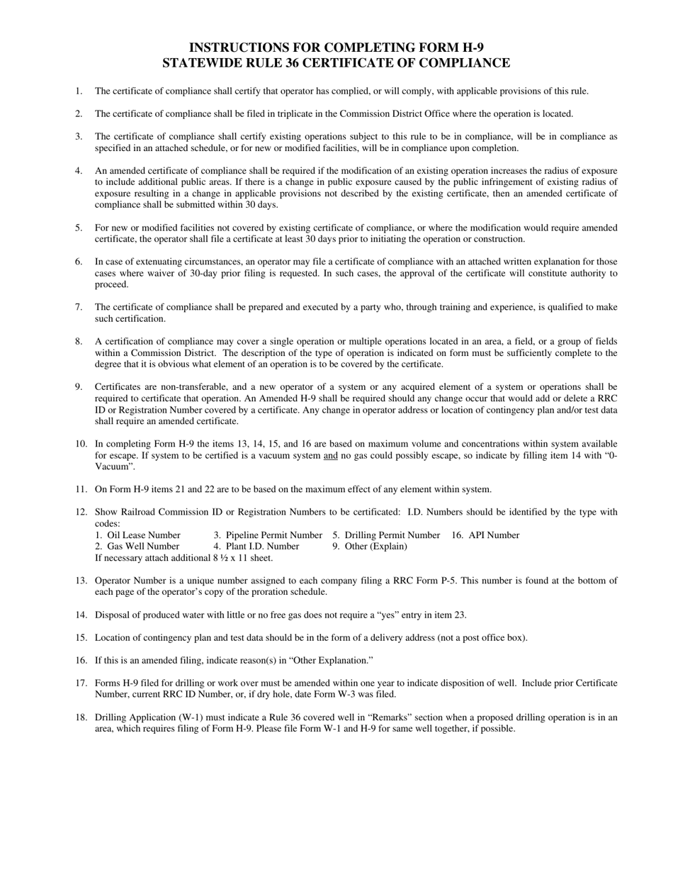 Instructions for Form H-9 Certificate of Compliance, Statewide Rule 36 (Hydrogen Sulfide) - Texas, Page 1
