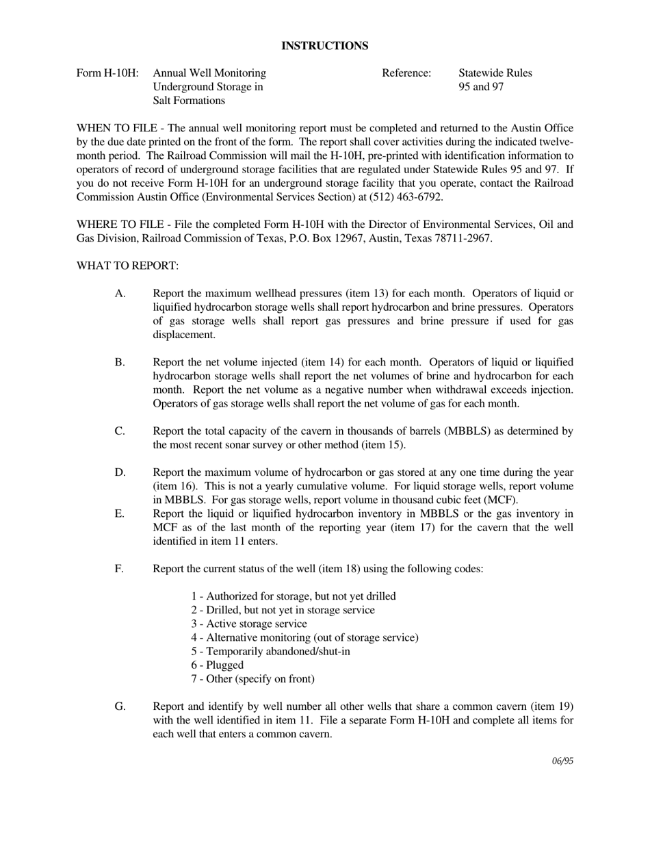 Instructions for Form H-10H Annual Well Monitoring Report Underground Storage in Salt Formations - Texas, Page 1