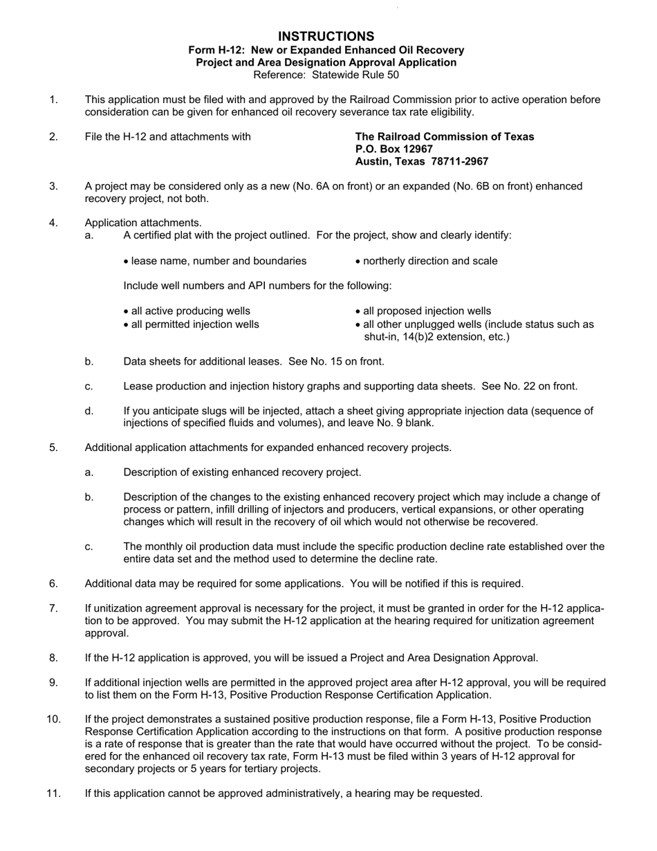 Instructions for Form H-12 New or Expanded Enhanced Oil Recovery Project and Area Designation Approval Application - Texas, Page 1