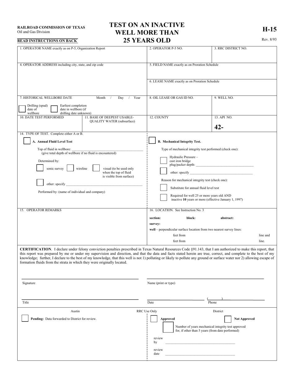 Form H-15 Test on an Inactive Well More Than 25 Years Old - Texas, Page 1