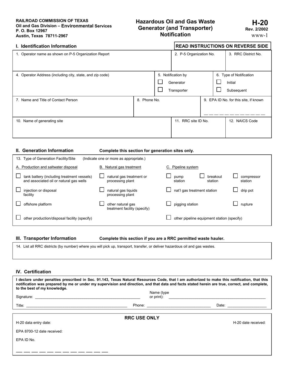 Form H-20 Hazardous Oil and Gas Waste Generator (And Transporter) Notification - Texas, Page 1