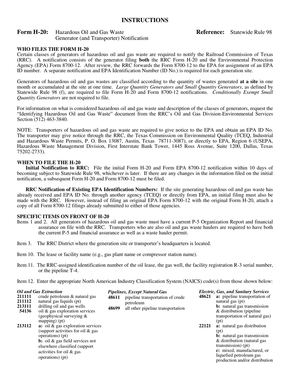 Instructions for Form H-20 Hazardous Oil and Gas Waste Generator (And Transporter) Notification - Texas, Page 1