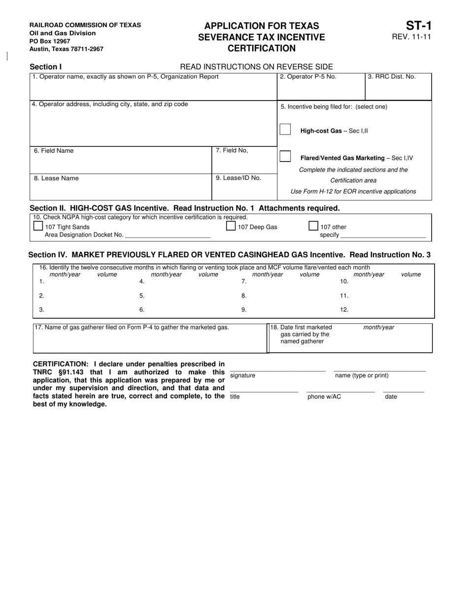 Form ST-1 Application for Texas Severance Tax Incentive Certification - Texas, Page 1