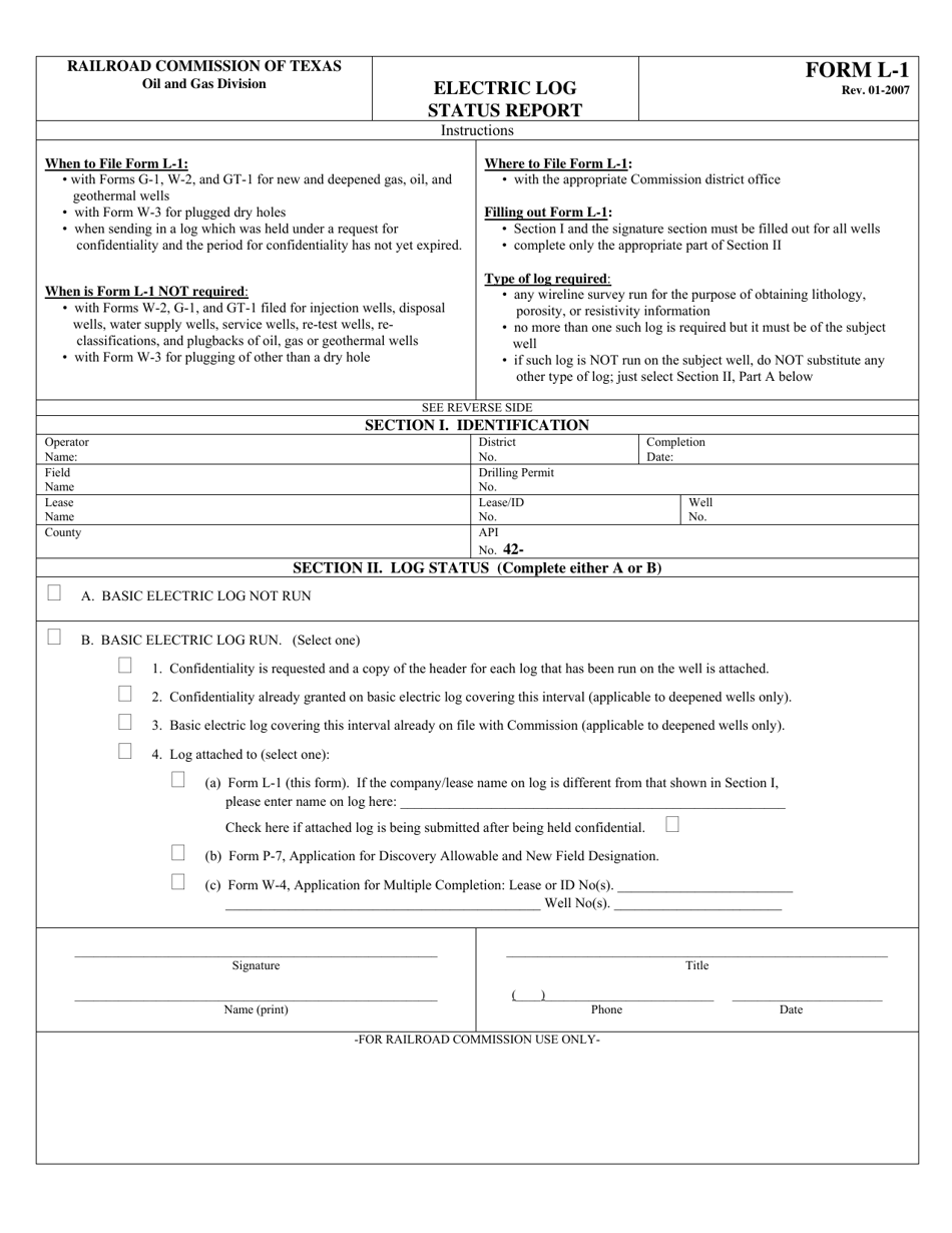 Form L-1 Electric Log Status Report - Texas, Page 1