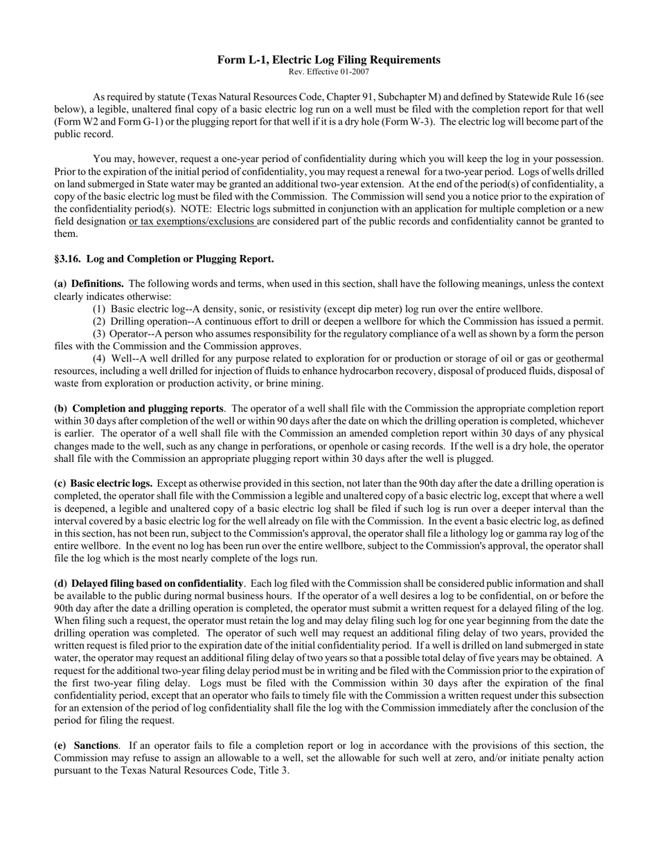Form L-1 Electric Log Status Report - Texas, Page 2