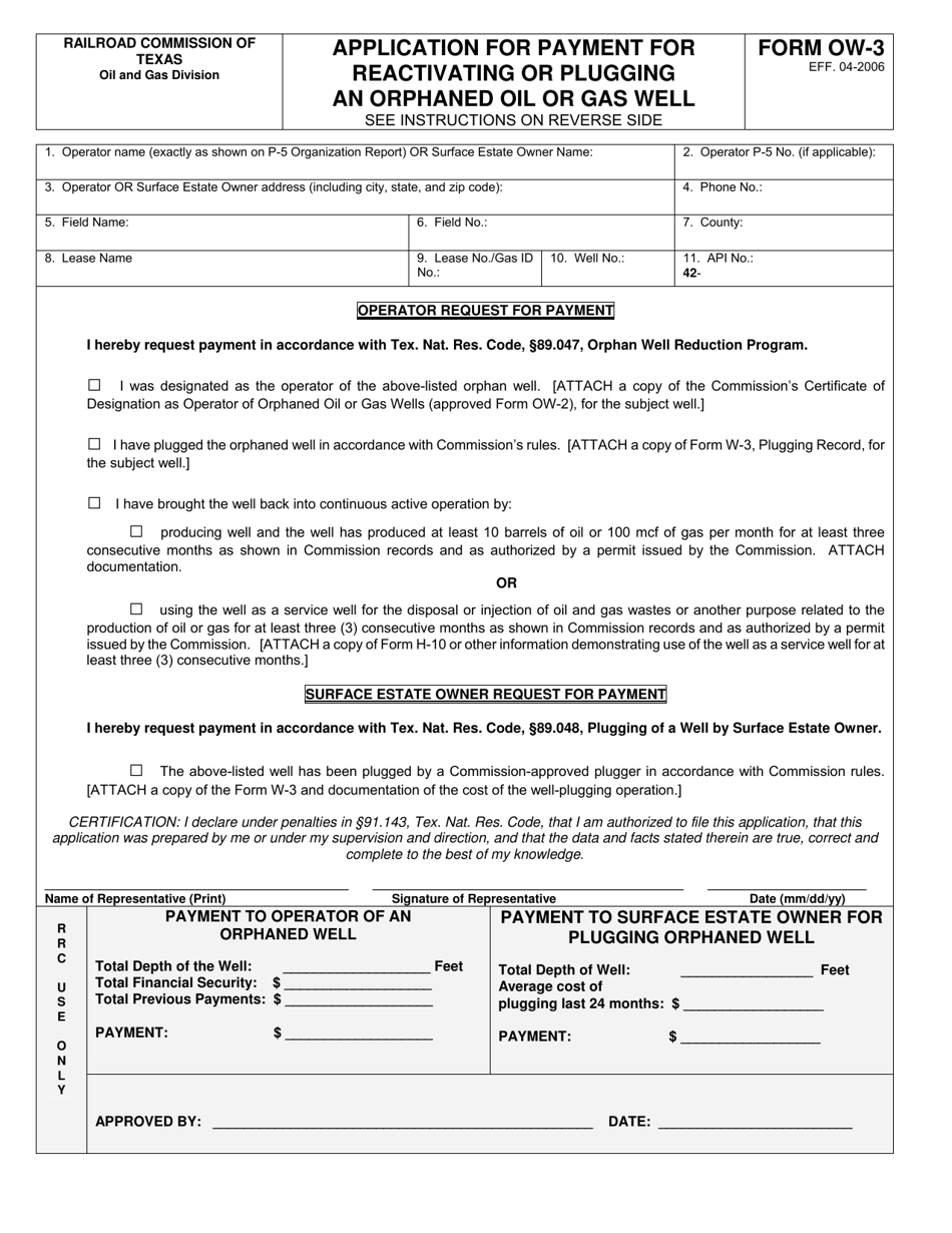 Form OW-3 Application for Payment for Reactivating or Plugging an Orphaned Oil or Gas Well - Texas, Page 1