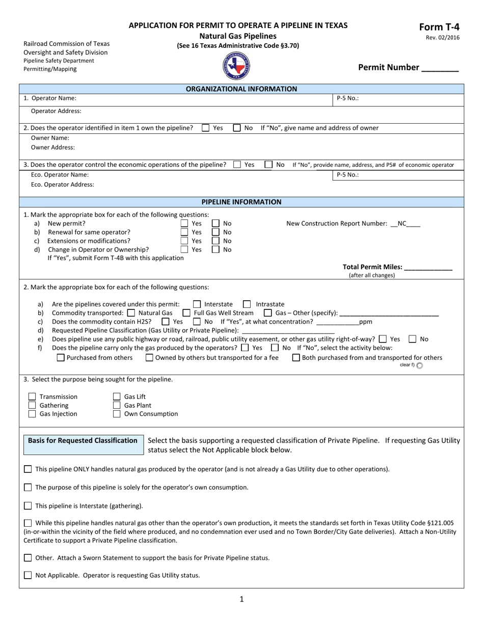 Form T-4 Application for Permit to Operate a Pipeline in Texas (Natural Gas Pipelines) - Texas, Page 1