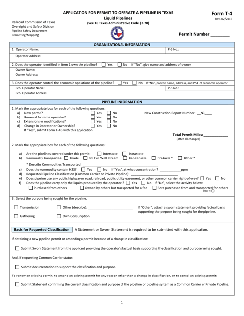 Form T-4 Application for Permit to Operate a Pipeline in Texas (Liquid Pipelines) - Texas