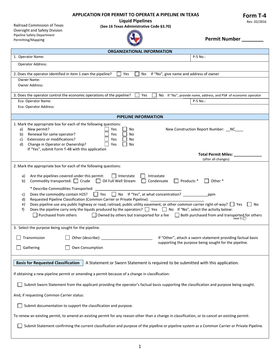 Form T-4 Application for Permit to Operate a Pipeline in Texas (Liquid Pipelines) - Texas, Page 1