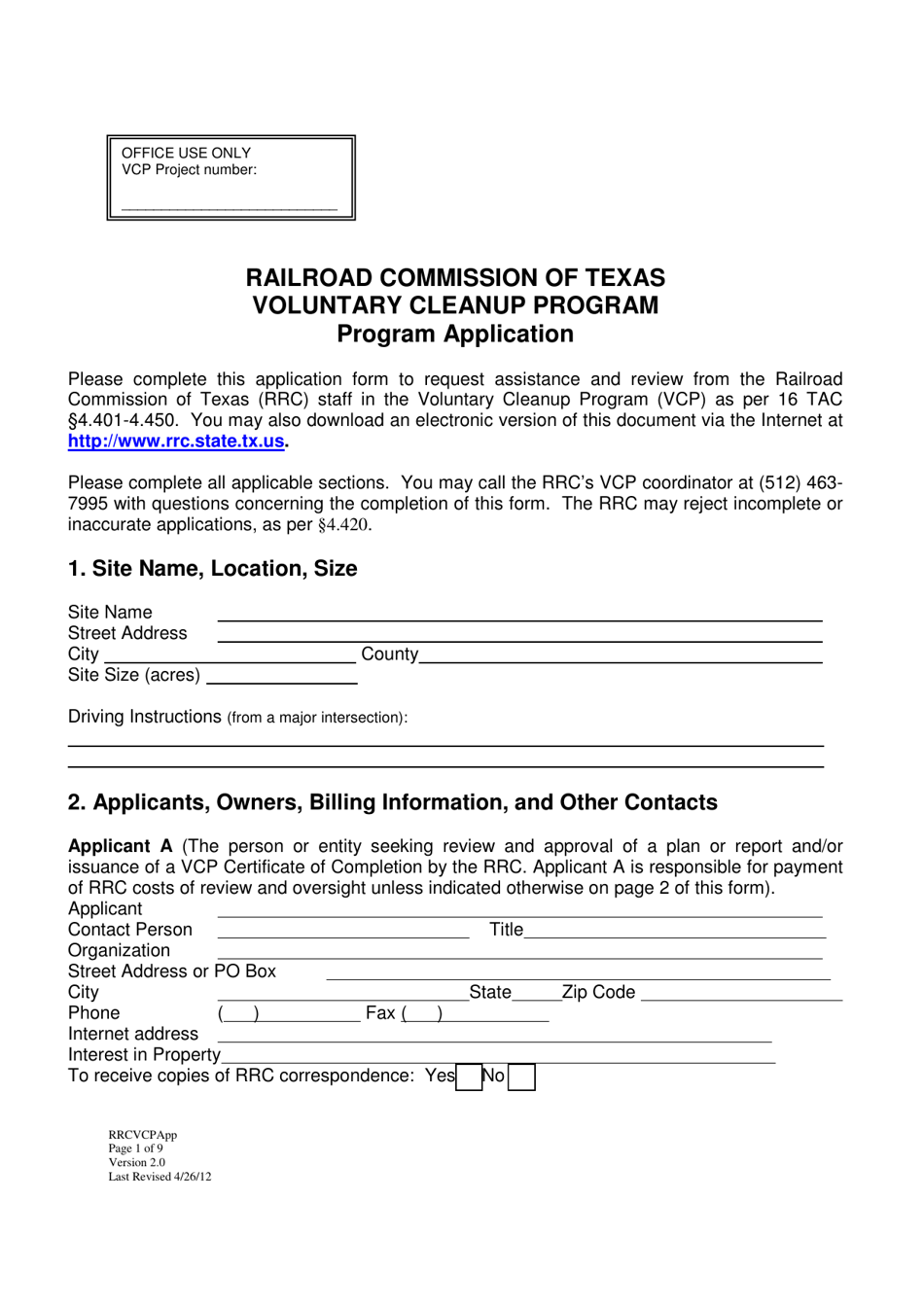 Form VCP-1 Voluntary Cleanup Program Application - Texas, Page 1