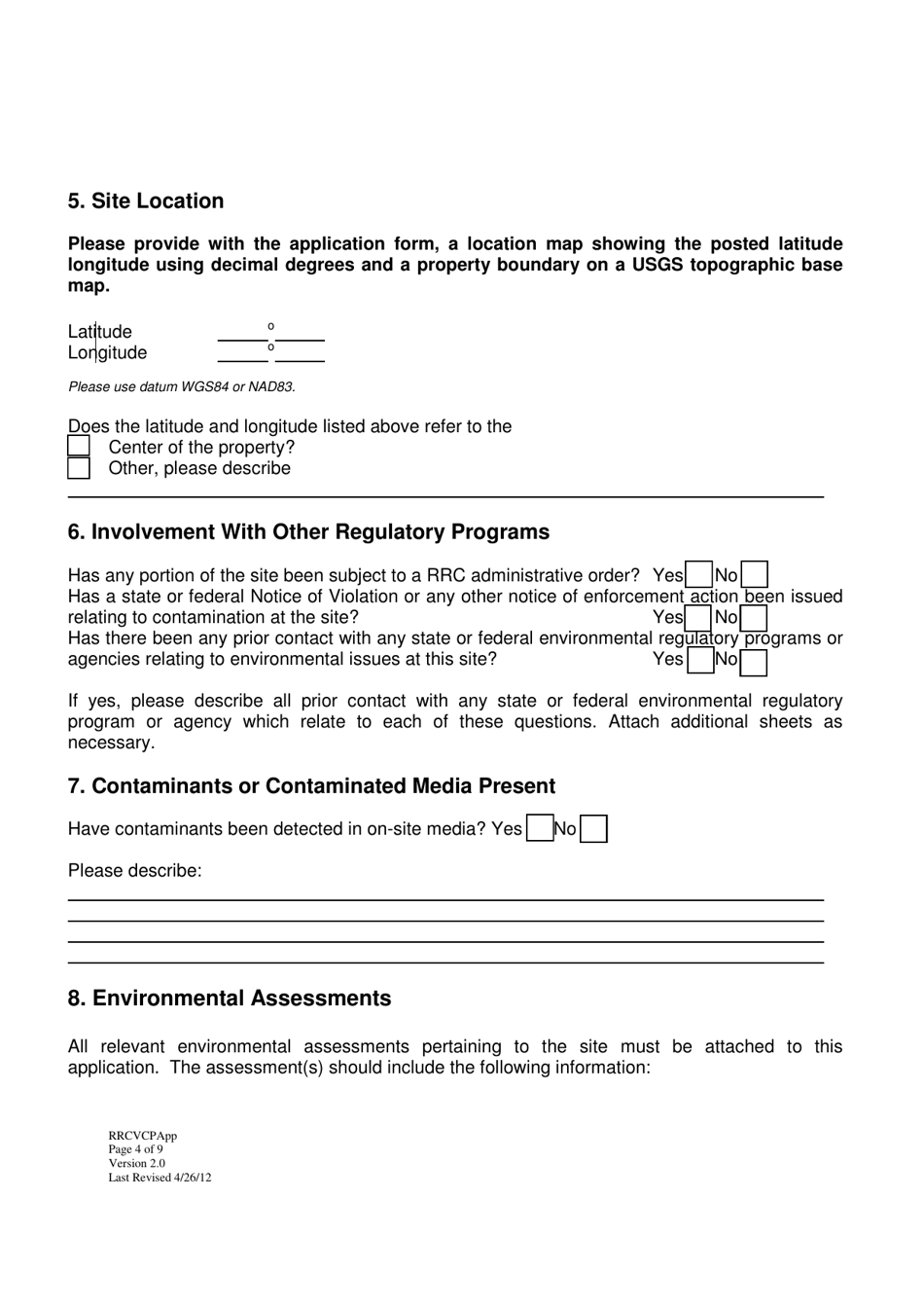Form VCP-1 Voluntary Cleanup Program Application - Texas, Page 4
