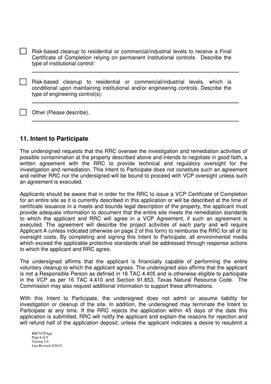 Form VCP-1 Voluntary Cleanup Program Application - Texas, Page 6