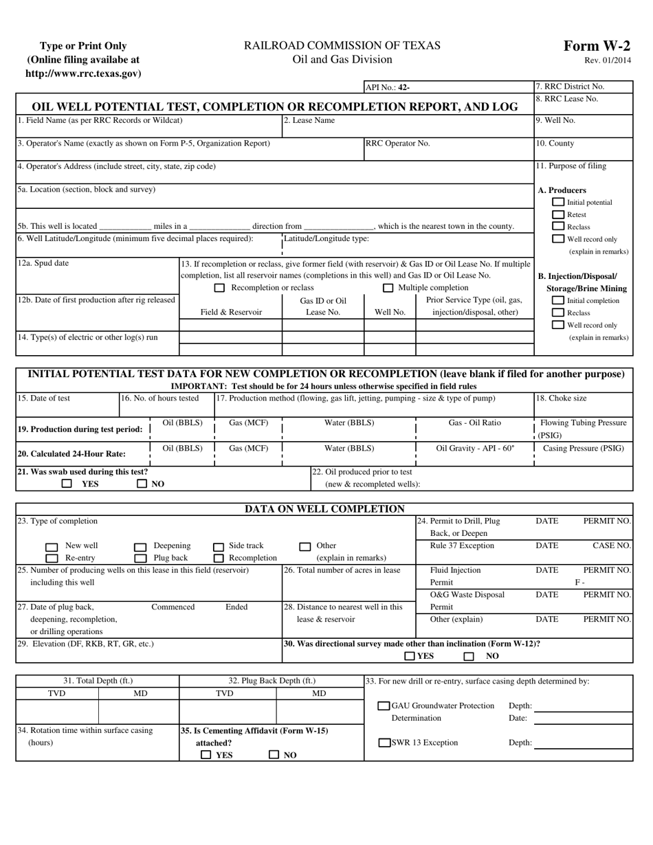 Form W-2 Oil Well Potential Test, Completion or Recompletion Report, and Log - Texas, Page 1