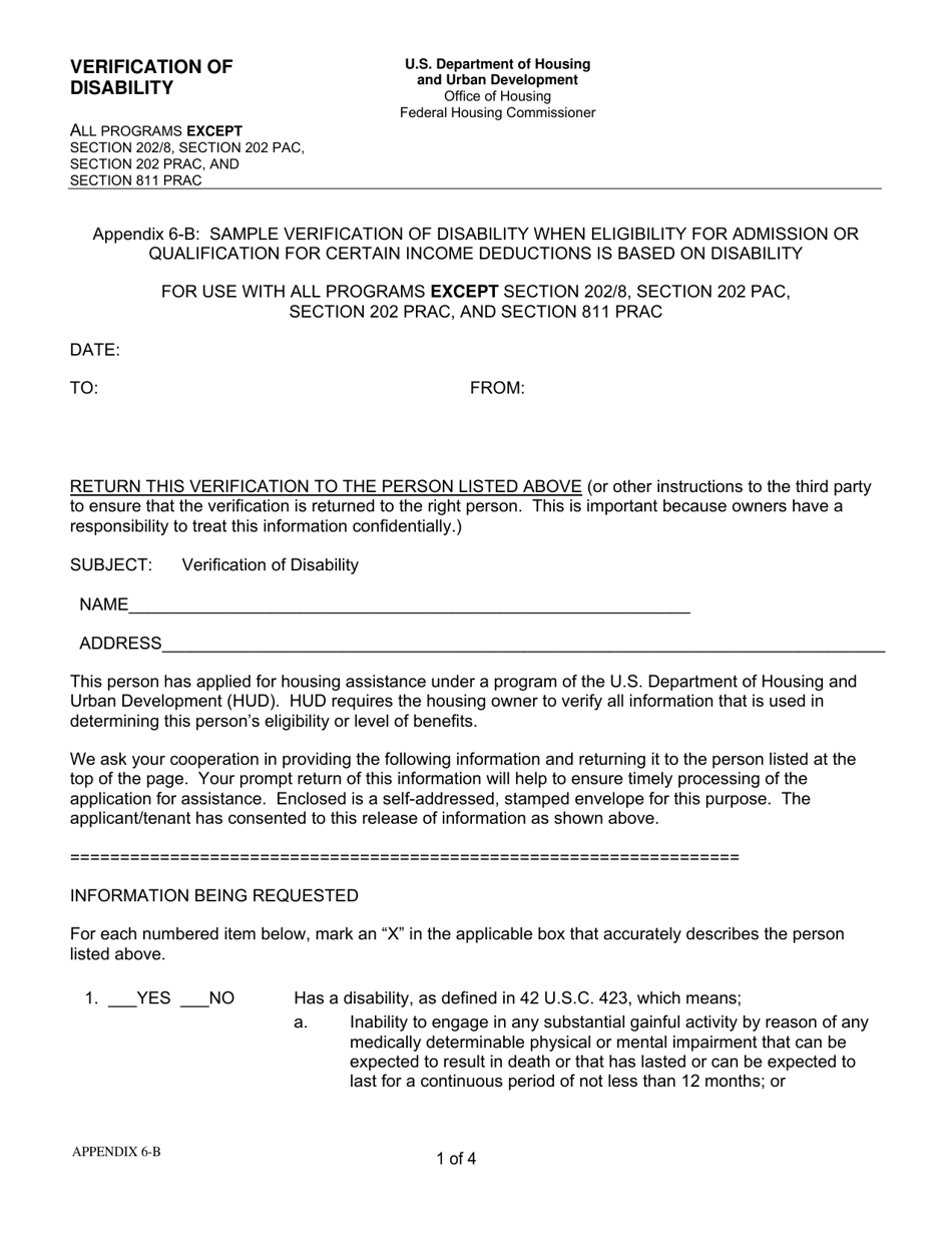 Form HUD-90103 Appendix 6-B Verification of Disability, Page 1