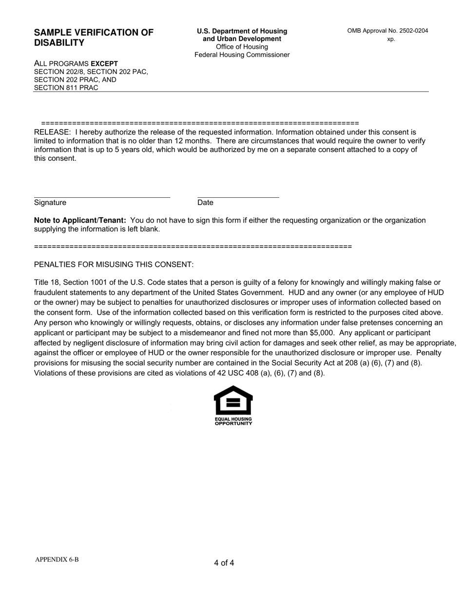 Form HUD-90103 Appendix 6-B Verification of Disability, Page 4