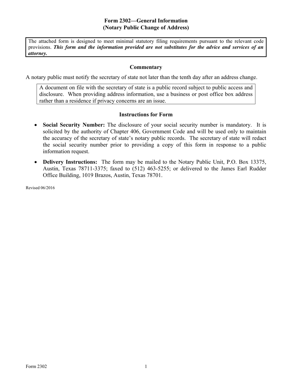 Form 2302 Notary Public Change of Address - Texas, Page 1
