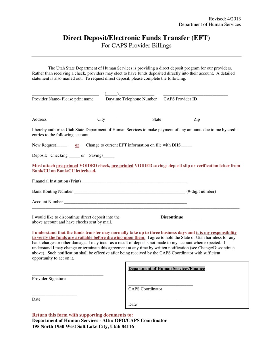 Utah Direct Deposit/Electronic Funds Transfer (Eft) for Caps Provider