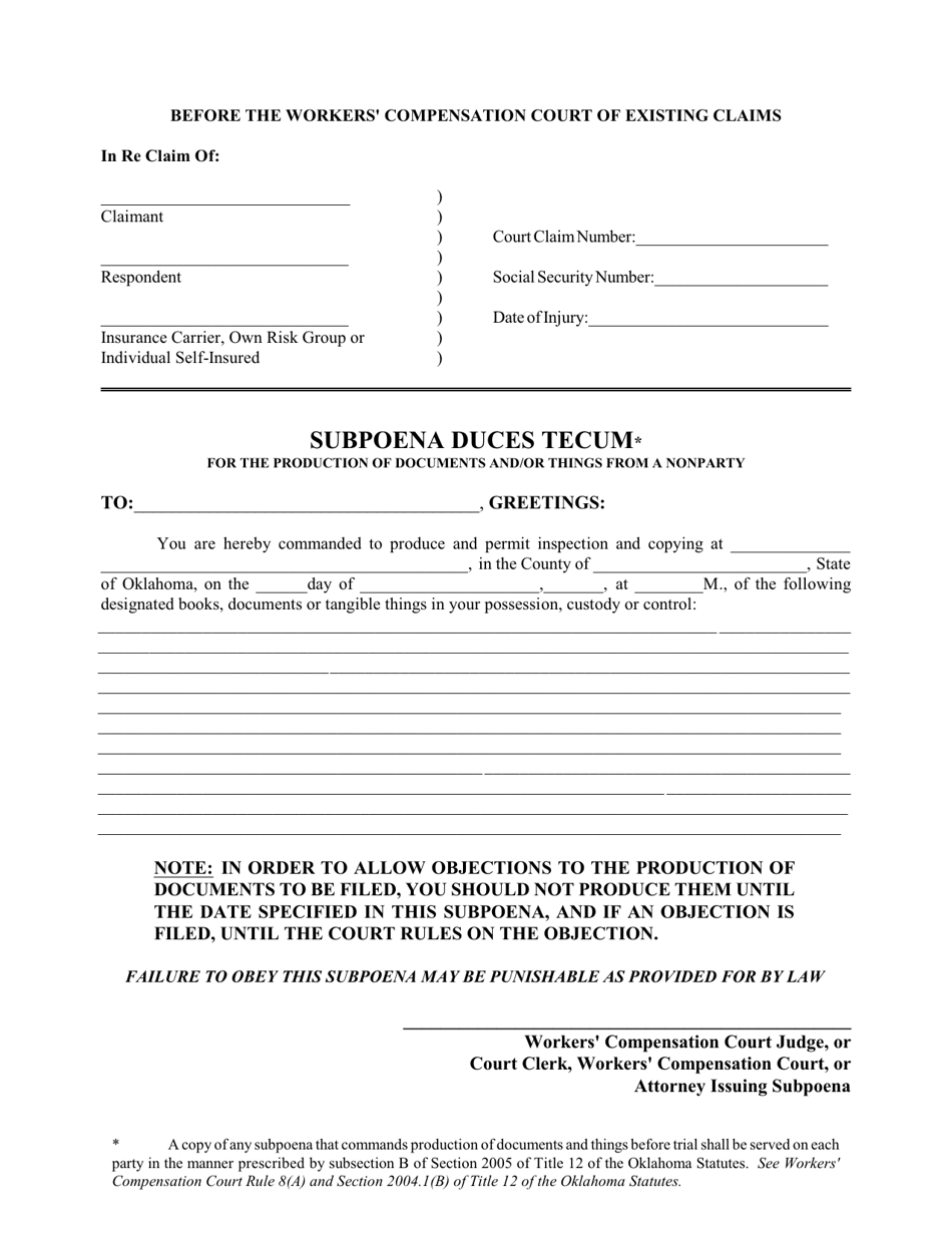 Oklahoma Subpoena Duces Tecum Fill Out Sign Online and Download PDF
