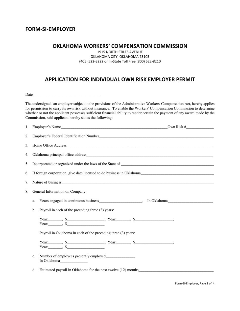 Form SI-EMPLOYER Application for Individual Own Risk Employer Permit - Oklahoma, Page 1