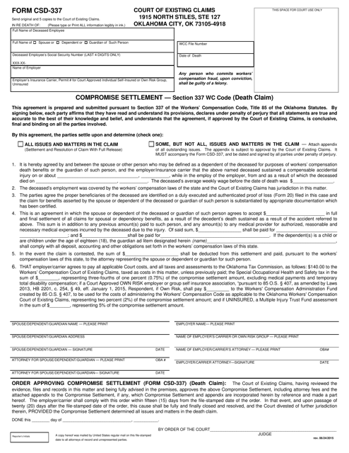 Form CSD-337 Compromise Settlement (Death Claim) - Oklahoma