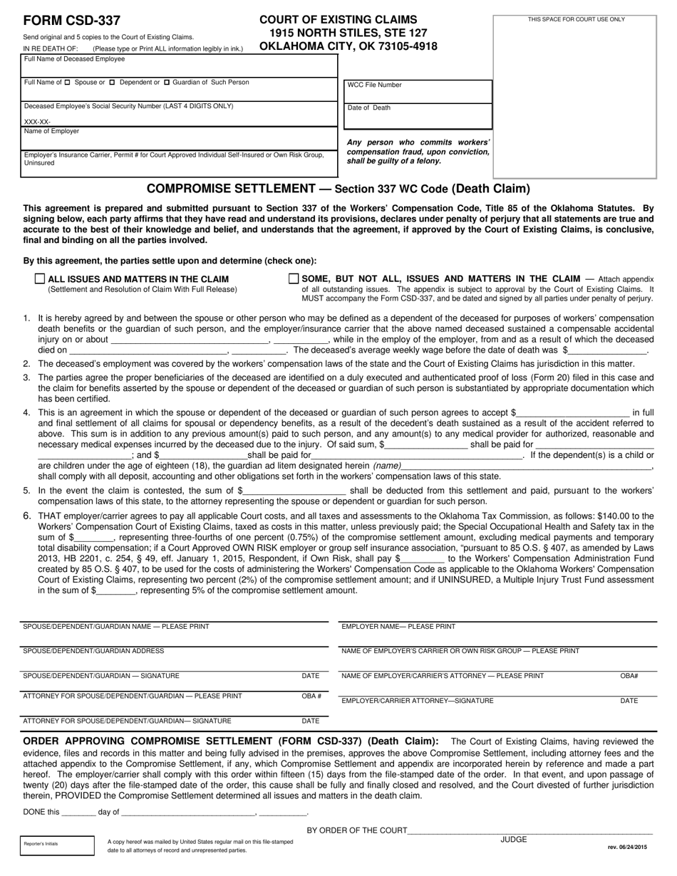 Form CSD-337 Compromise Settlement (Death Claim) - Oklahoma, Page 1
