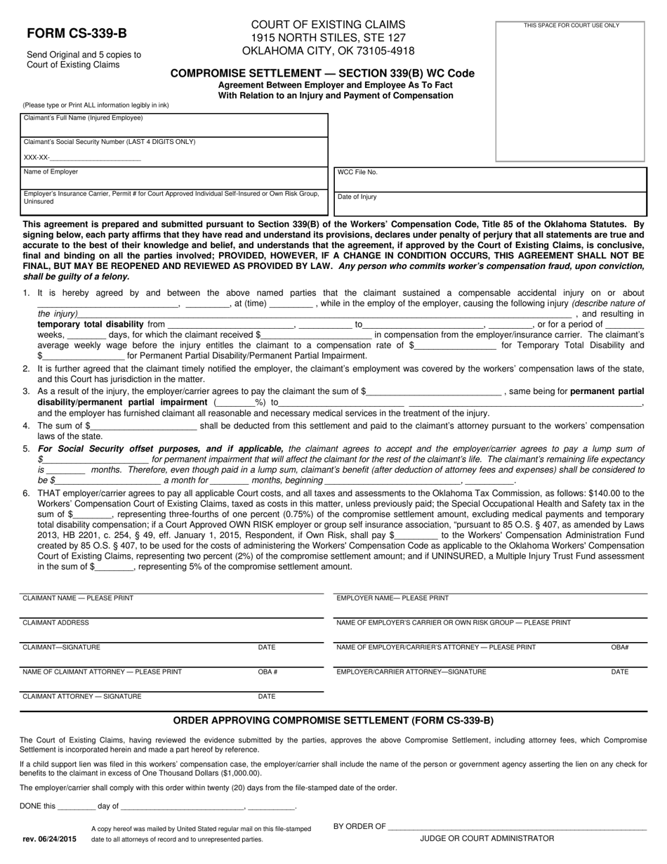 Form CS-339-B Compromise Settlement - Agreement Between Employer and Employee as to Fact With Relation to an Injury and Payment of Compensation - Oklahoma, Page 1