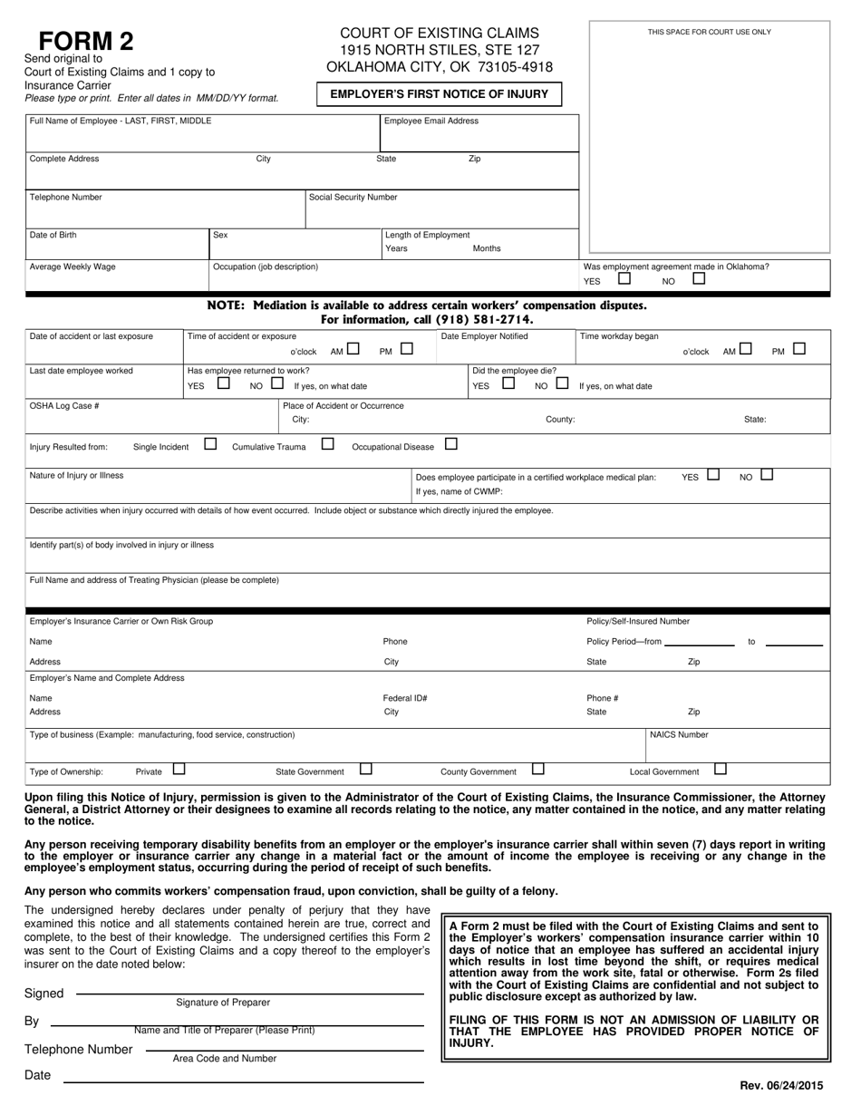 Form 2 Employers First Notice of Injury - Oklahoma, Page 1