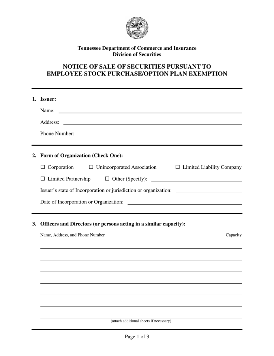 Form IN-1461 Notice of Sale of Securities Pursuant to Employee Stock Purchase / Option Plan Exemption - Tennessee, Page 1