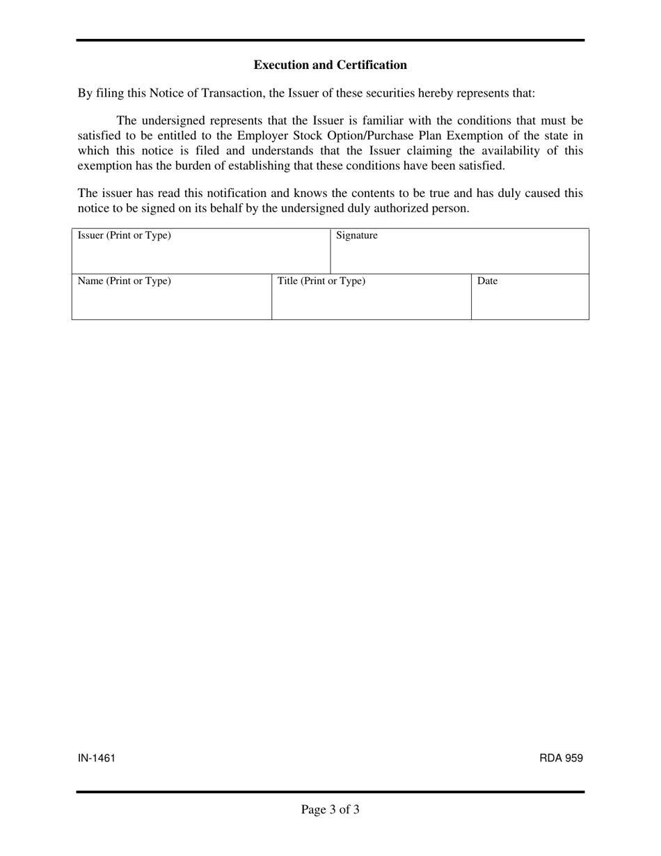 Form IN-1461 Notice of Sale of Securities Pursuant to Employee Stock Purchase / Option Plan Exemption - Tennessee, Page 3